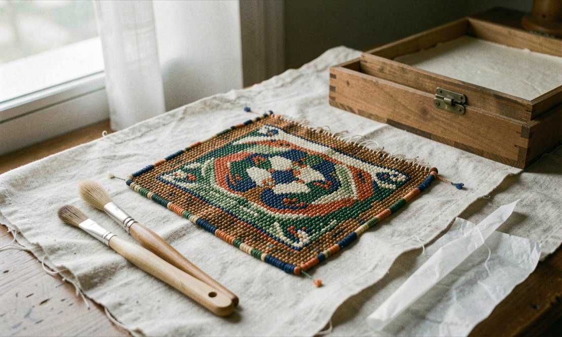Care & Keep materials arranged on a beadwork bench