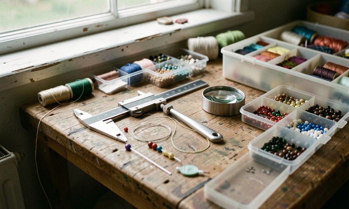 A beadwork research bench with caliper, loupe, sample trays, and thread